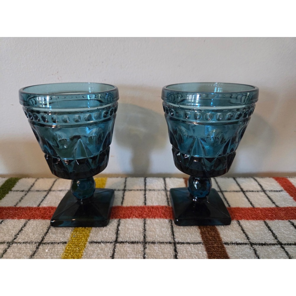 Vintage Teal Blue Pressed Glass Goblets Square Base Pedestal Wine Water Set of 2